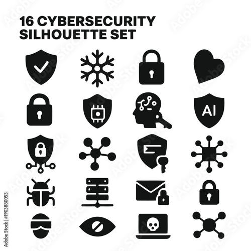 A collection of black cybersecurity icons depicting locks shields ai and digital threats high quality