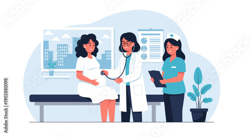 Pregnant woman having a medical checkup with a female doctor using a stethoscope and a nurse in a modern clinic office, flat vector illustration style