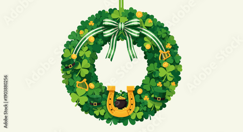 Festive St. Patrick's Day wreath illustration made of shamrocks and decorated with a horseshoe, pot of gold, leprechaun hats, coins, and a striped bow on a light background
