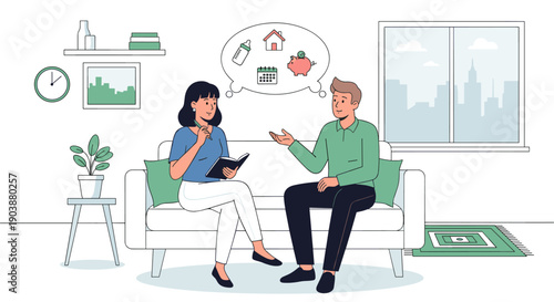 Young couple discussing family and financial planning while sitting on a sofa in a modern living room illustration with a thought bubble showing future goals