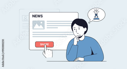 Doubtful man thinking critically before sharing a news article online, a concept illustration about fake news, misinformation, and the importance of media literacy