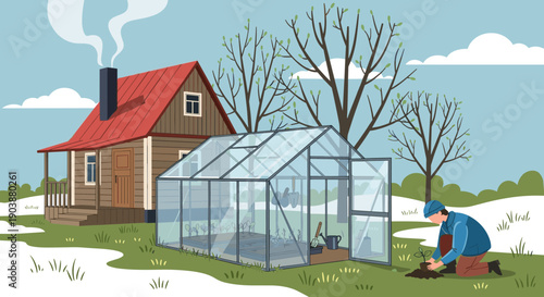 Man planting a young green seedling in the soil during early spring next to a glass greenhouse with a rustic wooden house in the background illustration