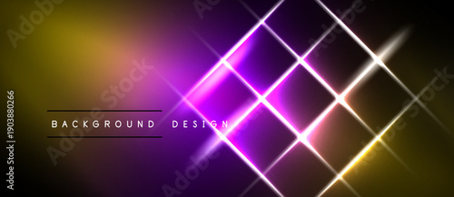 Vibrant abstract background features glowing lines, geometric shapes, purple, yellow gradients. Modern design element.