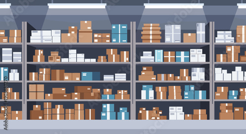 Warehouse shelves fully stocked with cardboard boxes and parcels for shipping and delivery in a modern logistics center interior, a flat vector illustration