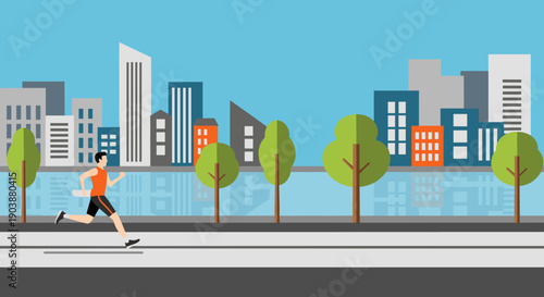 Flat design illustration of a man jogging in sportswear along a city waterfront with a modern skyline and green trees reflected in the water during his morning workout