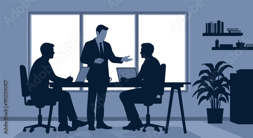 Three anonymous businessmen silhouettes having a meeting in a modern office with laptops on the desk, a flat vector illustration in a monochromatic blue color palette