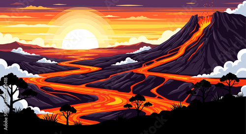 Erupting volcano with a flowing lava river snaking through a dramatic, rocky landscape under a vibrant orange and purple sunset, a stylized flat vector illustration