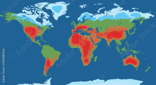 Colorful stylized world map showing climate zones with red hot areas and blue cold polar regions, representing global temperature data or environmental change in a flat vector style