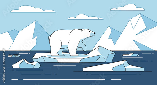Simple white polar bear line art illustration walks on a floating iceberg in a cold blue arctic sea with glaciers and clouds in the background
