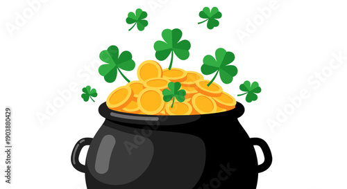 Black pot filled with gold coins and green shamrock clovers, a traditional symbol of luck and fortune, is shown in a flat cartoon style isolated on a white background