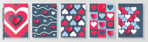 Set of abstract backgrounds with paper cut heart. Abstract design or Valentine’s Day, Mother’s Day and Women’s Day. Vector illustration