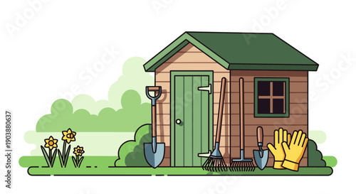 Wooden garden shed with a green roof and various tools like a shovel, rake, and gloves, a flat vector illustration of a spring gardening scene isolated on a white background
