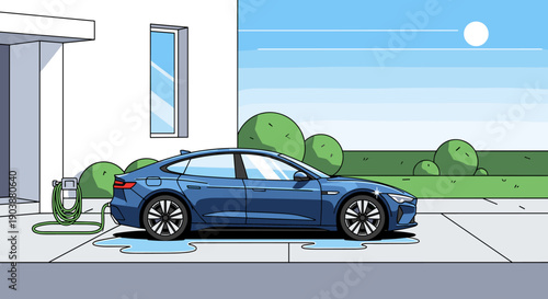 Blue electric sedan car illustration parked on a driveway after being washed, with a puddle of water and a hose next to a modern house on a sunny day