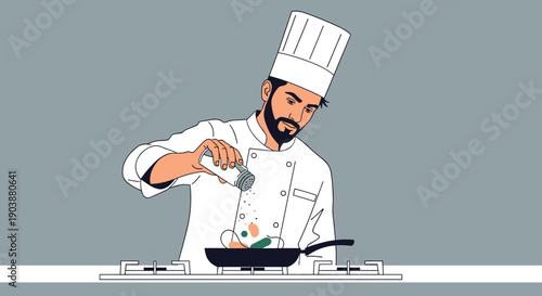 Professional male chef in a uniform seasoning food in a frying pan on a stove, a modern vector illustration with clean lines on a simple grey background