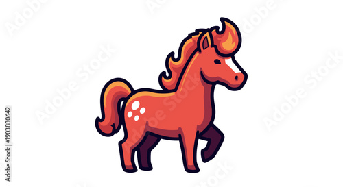 Cute red cartoon horse with a fiery mane and tail walking happily in a simple, friendly vector illustration style, isolated on a white background for easy use