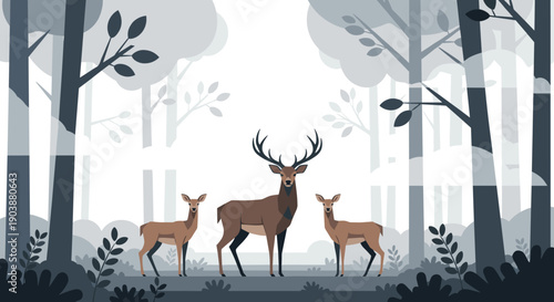 Beautiful brown deer family with a stag and two fawns standing in a misty grey forest clearing, a serene flat vector illustration with a calm, natural atmosphere