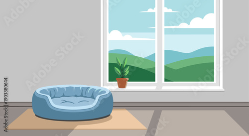 Soft blue round pet bed for animals sits on a mat in a cozy room with a large window showing a peaceful landscape view with green hills and a small potted plant