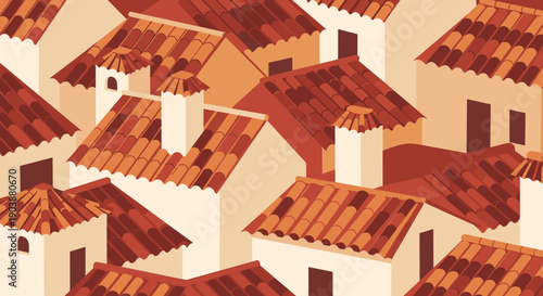 Dense cluster of stylized houses with red and orange tiled rooftops viewed from above in a flat vector illustration style, creating a seamless architectural pattern