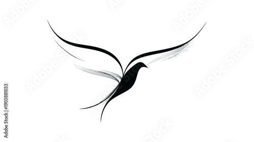 Elegant minimalist black brushstroke bird in flight vector illustration. Abstract dove-like silhouette soaring, symbolizing freedom and peace.