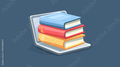 E-learning concept illustration: Stack of colorful books on a laptop screen, symbolizing digital education, online learning, and remote study.