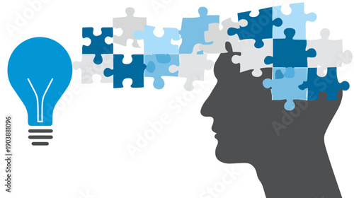 Innovative Idea Generation: Human Head Silhouette with Puzzle Pieces and Light Bulb Symbolizing Creativity, Thought, and Problem Solving