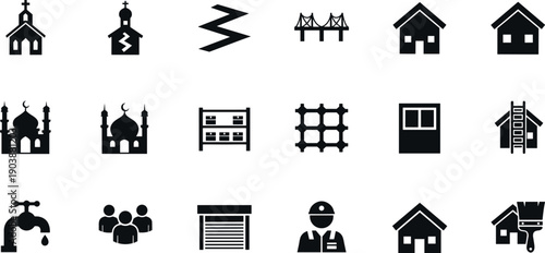 Black construction icon set, church mosque house symbols, bridge, faucet, paint, workers, window, architecture, repair, housing, vector elements