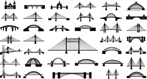 Bridge, Silhouette, Architecture, Engineering, Infrastructure, Construction, Transport, Urban, Landmark, Structure, City, Road, River, Crossing, Black, Vector, Illustration, Isolated, Collection, Set