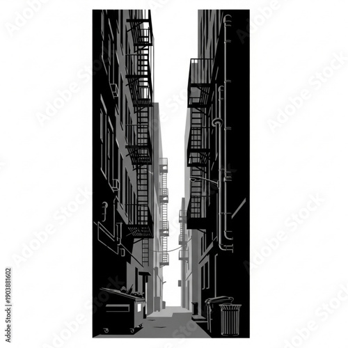 A grayscale illustration of a narrow alleyway with fire escapes on buildings