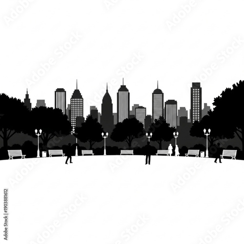 City skyline silhouette with people walking in the park at daytime