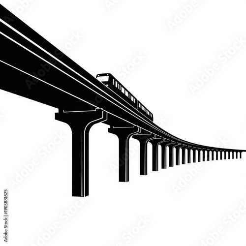 A black and white illustration of a train on a long elevated railway track