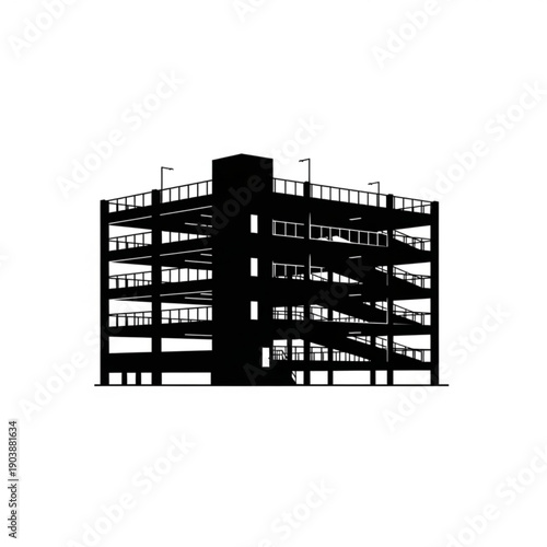 A black silhouette of a multilevel parking garage with ramps and railings