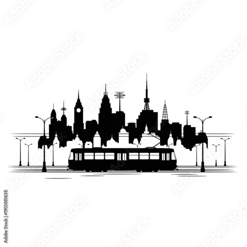 City skyline silhouette with a bus