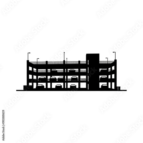 A black silhouette of a multilevel parking garage with streetlights