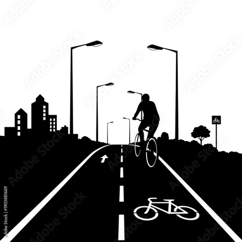 A silhouette of a person riding a bicycle on a city road with bike lane markings and streetlights at night