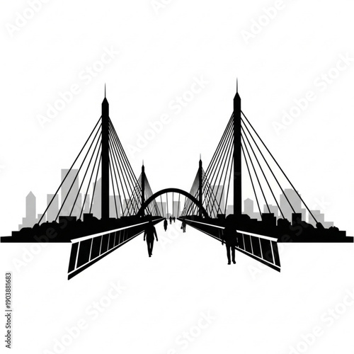 Black silhouette of a cablestayed bridge with cityscape