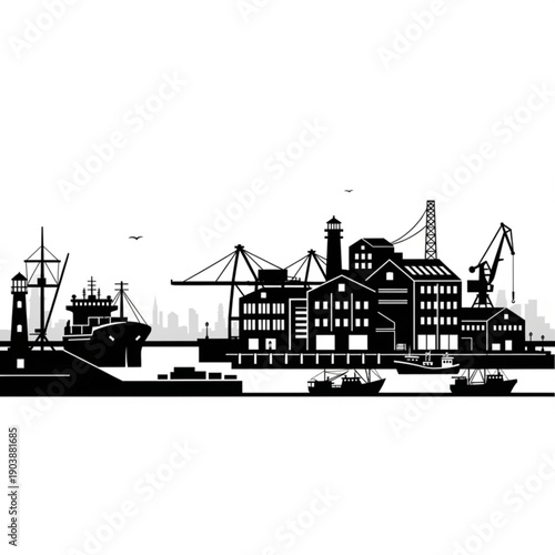 Black and white illustration of a harbor scene with industrial buildings and boats