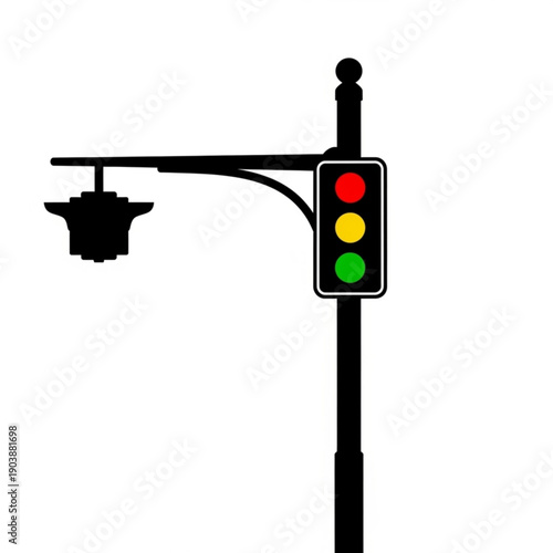 A black silhouette of a traffic light with a street lamp