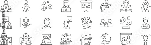 Business and teamwork icons for collaboration, leadership, office work, presentation, communication, group projects, meeting, cooperation, professional, corporate, and teamwork