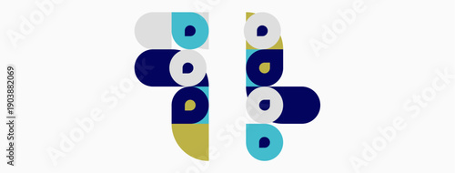 Abstract geometric design. Circles, squares, rectangles overlap creating modern visual pattern. Blue, gold, teal hues dominate composition.