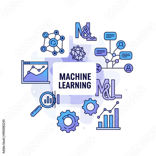 Machine Learning Innovation: An abstract illustration showcasing the intricate world of machine learning, featuring interconnected concepts and data analysis elements. 