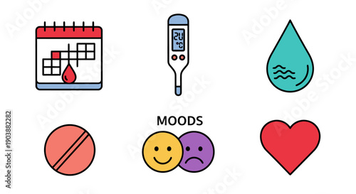 A digital illustration showcasing a calendar, thermometer, and various mood icons representing different emotions and health tracking