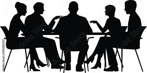 Business discussion silhouette illustration, colleagues debating ideas around table, teamwork and communication concept, corporate meeting scene, black and white vector