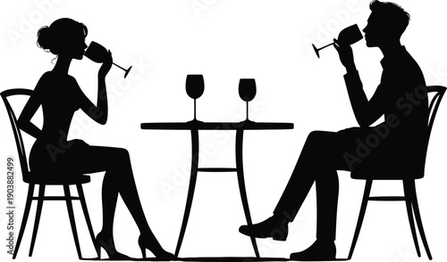 Romantic couple silhouette illustration, man and woman drinking wine at table, date night concept, elegant dining scene, black and white vector