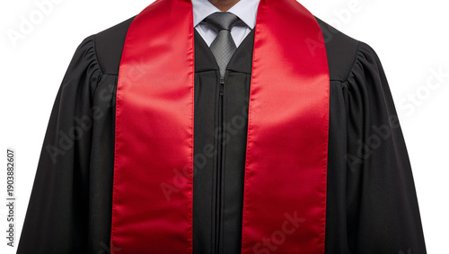 Graduating Student Wears Black Gown and Red Stole During Graduation Ceremony