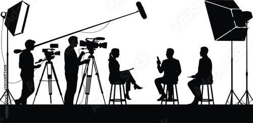 Video interview studio silhouettes illustration, film crew recording conversation with cameras lighting and sound equipment, media production concept isolated on white background