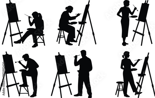 Artist painting silhouettes collection, painters working on easels vector set, creative fine art studio illustration isolated on white background