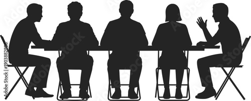 Business meeting silhouettes illustration, people sitting at table discussion vector set, teamwork corporate communication isolated on white background