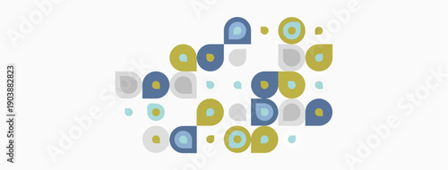 Abstract pattern features varied circles, dots. Colors include blue, yellow, green, gray. Minimalist design suggests modern aesthetic.