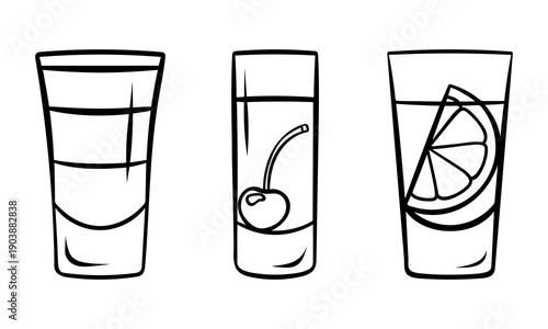 Alcoholic shots set, B-52 cocktail, vodka with lemon, drink with cherry. Simple black and white icons in doodle and sketch style