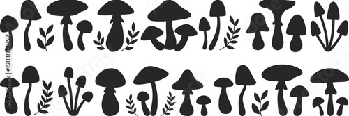 Mushroom silhouettes collection, black fungi vector set, forest botanical elements, minimal nature illustration isolated on white background